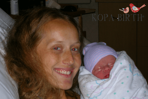 natural delivery with spontaneous pushing - katie proud and happy after baby is born